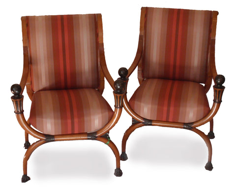 Pair of Directoire Painted and Parcel Gilt Fruitwood Curule-Form Armchairs