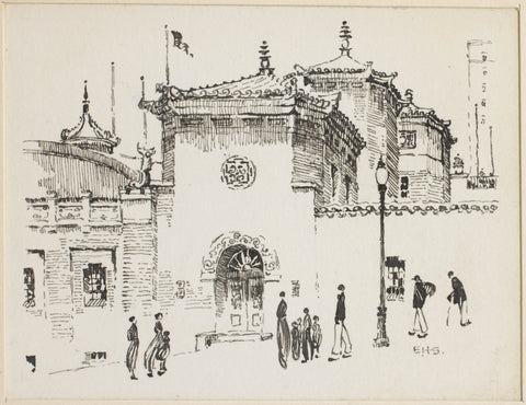 274 Chinese gate house set in wall with figures