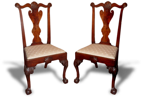 A Fine Pair of Chippendale Carved and Figured Mahogany Side Chairs
