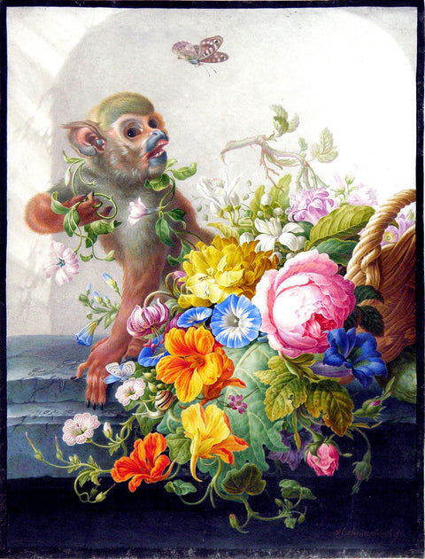 Still-Life With A Monkey And A Basket Of Flowers On A Stone Ledge