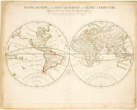 Nicolas Sanson - Monde, ou Carte Generale Du Globe Terrestre Representee en deux Plan . . . Paris: 1678 Copper plate engraving with outline color Paper size: 22.5 x 16.5 inches