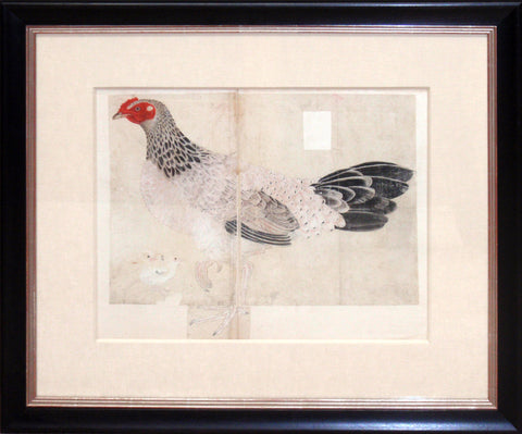 Painting of a hen with pair of chicks